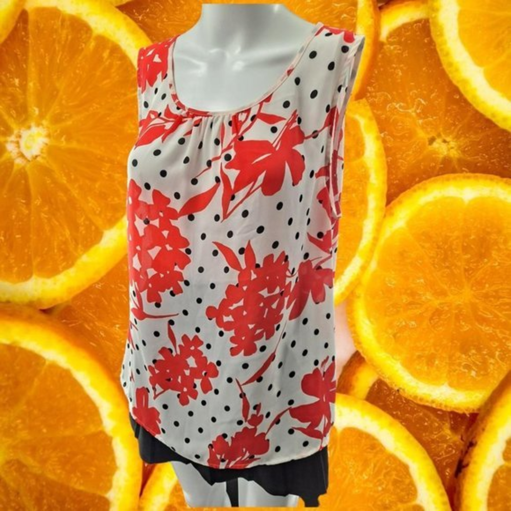 NINE West White with Red Plants and Block Dot Blouse XL